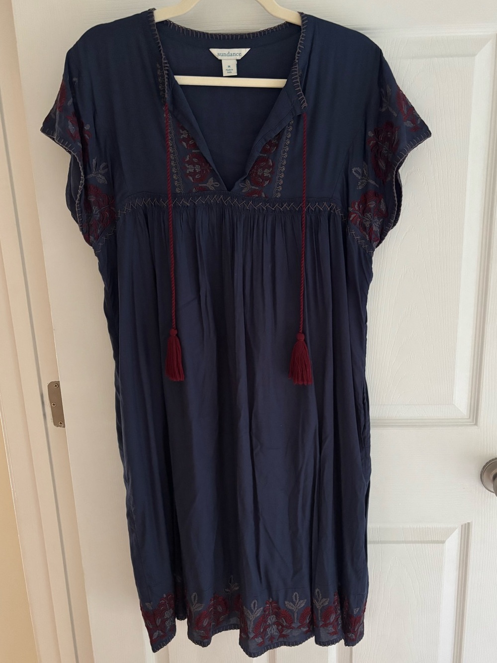 Sundance Navy Tunic Dress with Red Embroidered Accents and Tassels
